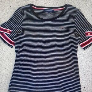 Tommy Hilfiger Navy and White Striped Short Sleeve Tee with Red Trim